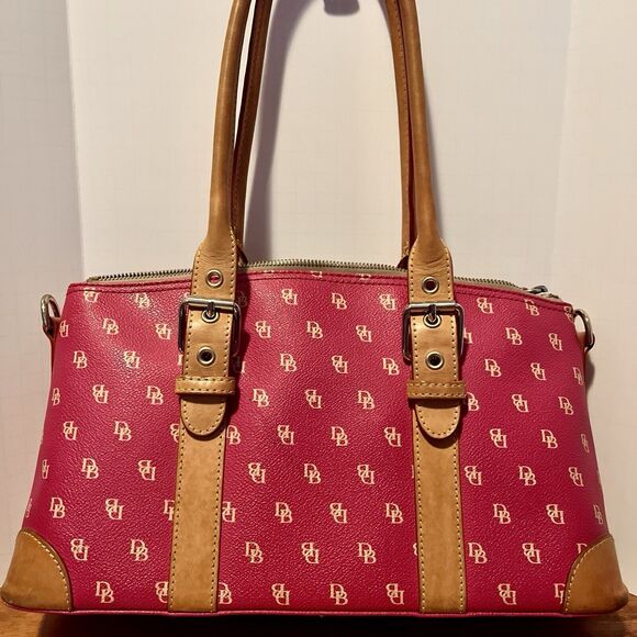 Dooney & Bourke Pebble Leather Satchel Berry Pink DB Logo Coquette Bag Tan Trim - Picture 2 of 13